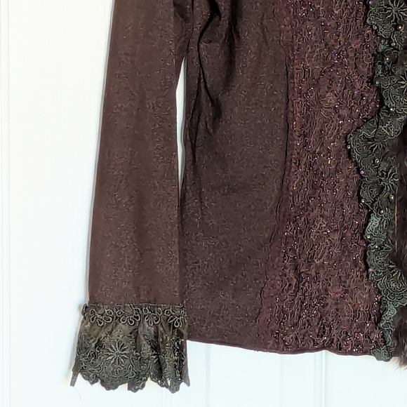 Women's Brown V-Neck Sweater with Beading Faux-Fur & Lace Detailing - Picture 8 of 16